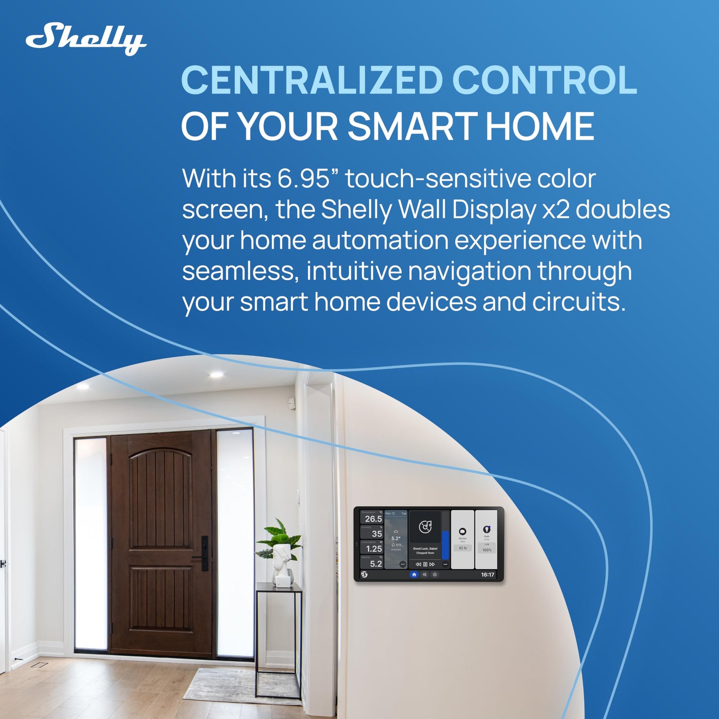 Shelly Wall Display X2 Nero, Pannello di Controllo Wi-Fi e Bluetooth da 6,95", Interruttore Integrato da 5A, Display a Colori, Termostato, Monitoraggio del Consumo, Domotica, Avvisi e Notifiche
