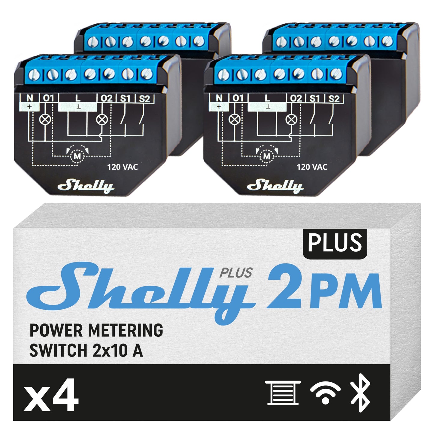 Shelly Plus 2PM - Set di 4 interruttori a doppio relè Smart Home, controllo digitale tramite App gratuita e Wi-Fi, funziona con Alexa e Google Home, per porte del garage e tapparelle