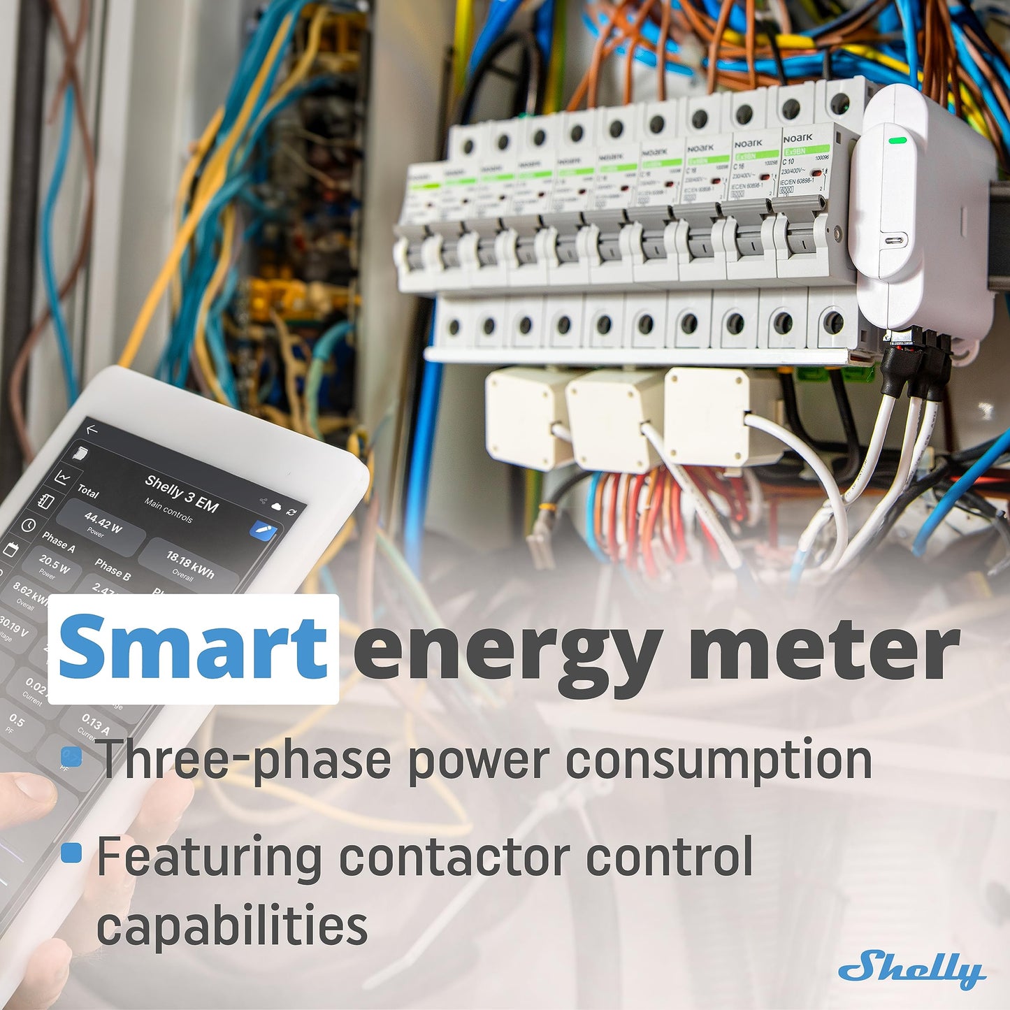 Shelly 3EM | Contatore di energia elettrica intelligente Wi-Fi, 3 canali -120A, Controllo contattore remoto, Monitoraggio fotovoltaico, Domotica, Compatibile con Alexa e Google Home, App iOS Android