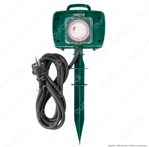V-Tac VT-1112-3 Multipresa IP44 2 Posti con Prese Schuko da Giardino con Timer e Picchetto da Terra Cavo 3 Metri