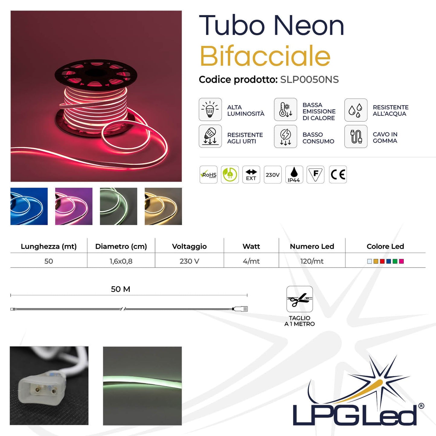 Striscia strip neon bifacciale flessibile | 16x8mm | 50m 230V | IP44 | taglio al metro