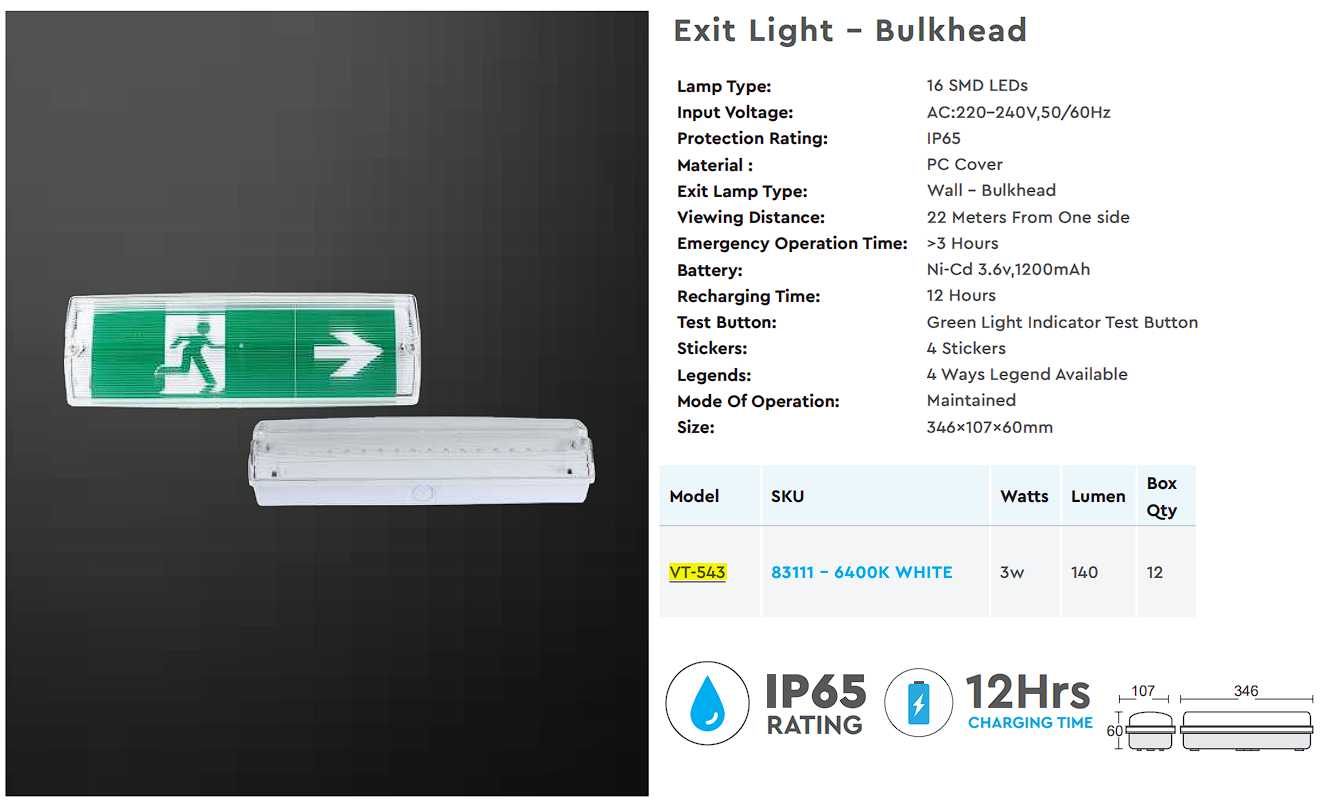 V-TAC VT-543 LAMPADA LED D'EMERGENZA ANTI BLACK OUT GRADO PROTEZIONE IP65 - SKU 83111 - Consegna in 1-5 giorni lavorativi