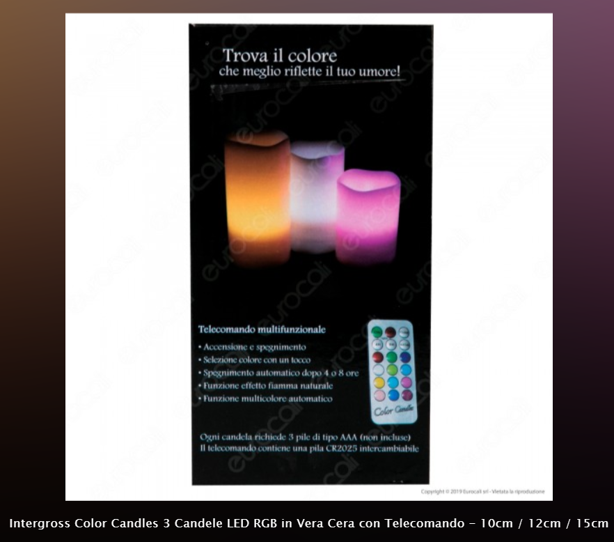 INTERGROSS COLOR CANDLES 3 CANDELE LED RGB IN VERA CERA CON TELECOMANDO - Consegna in 1-5 giorni lavorativi