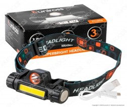 UR 053 - Uniross Prolite Torcia Frontale Headlight LED COB 3W Ultra Luminosa 2 Modalità di Illuminazione Ricaricabile Tramite USB