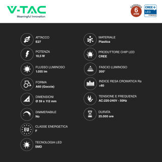 V-Tac VT-2112 Lampadina LED E27 10,5W A60 Goccia SMD Chip CREE - SKU 2173506 / 2173496 / 2173516