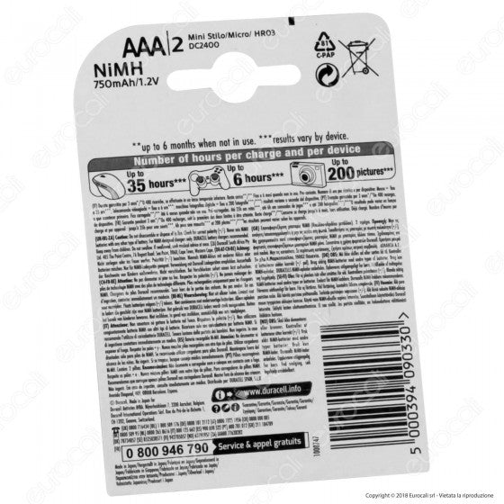 DURACELL VALUE PRECHARGED 750MAH PILE RICARICABILI MINISTILO AAA - BLISTER 2 BATTERIE - Consegna in 1-5 giorni lavorativi