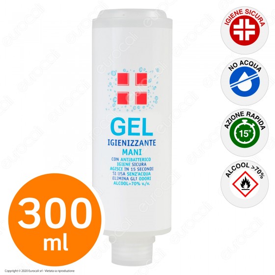RICARICA PER DISPENSER A MURO FLACONE GEL ALCOOL ≥ 70% IGIENIZZANTE MANI CON ANTIBATTERICO - 300ML - Consegna in 1-5 giorni lavorativi