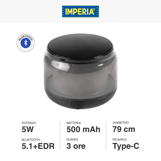 IMPERIA SPEAKER BLUETOOTH 5W CASSA ALTOPARLANTE PORTATILE CON 15 LUCI LED MULTICOLORE - MOD. 900840 - Consegna in 1-5 giorni lavorativi