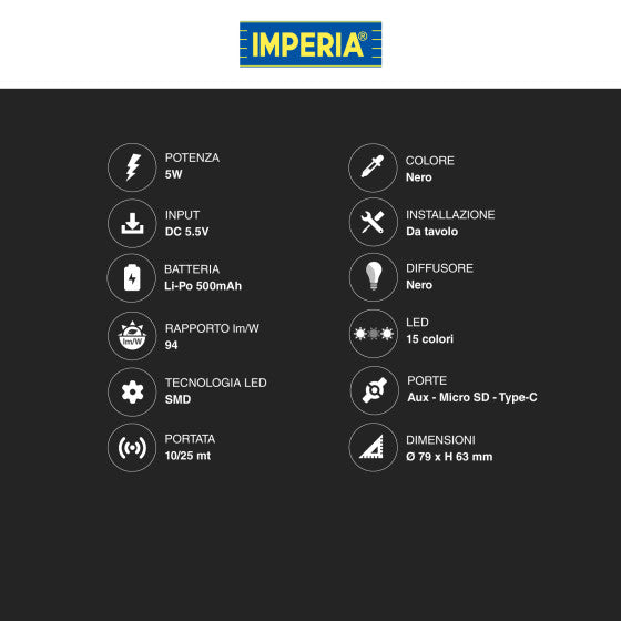 IMPERIA SPEAKER BLUETOOTH 5W CASSA ALTOPARLANTE PORTATILE CON 15 LUCI LED MULTICOLORE - MOD. 900840 - Consegna in 1-5 giorni lavorativi