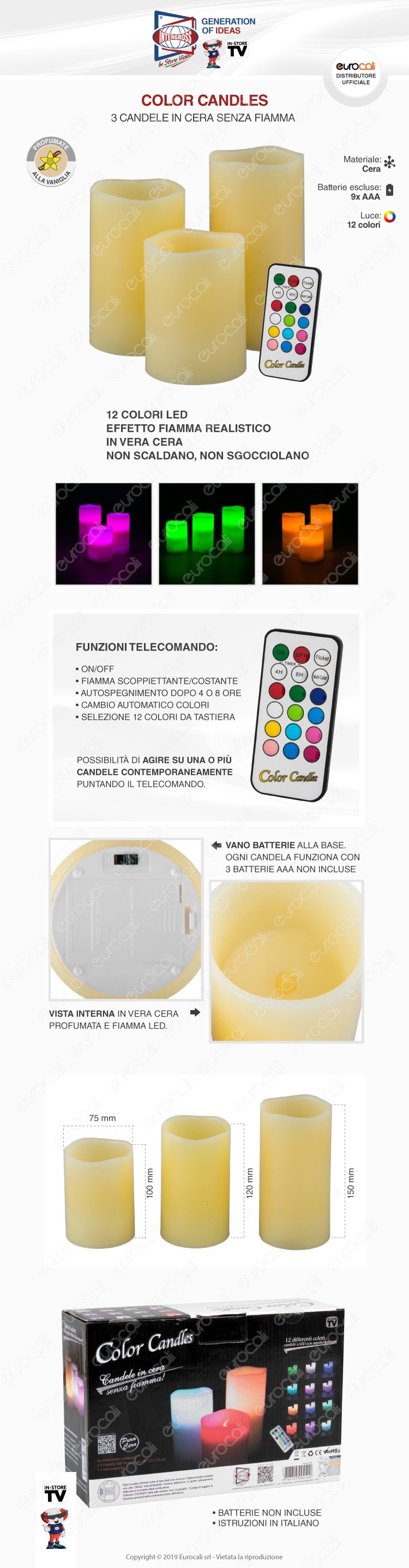 INTERGROSS COLOR CANDLES 3 CANDELE LED RGB IN VERA CERA CON TELECOMANDO - Consegna in 1-5 giorni lavorativi