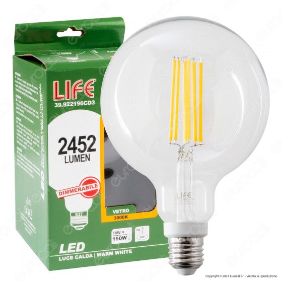 LIFE LAMPADINA LED E27 18W GLOBO G125 FILAMENTO DIMMERABILE - MOD. 39.922196CD3 - Consegna in 1-5 giorni lavorativi