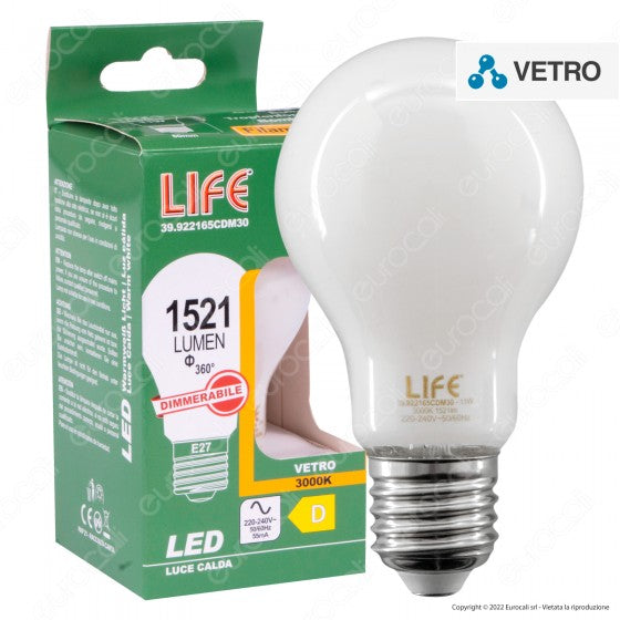 LIFE LAMPADINA LED E27 11W BULB A60 GOCCIA FILAMENT DIMMERABILE IN VETRO MILKY - MOD. 39.922165CDM30 - Consegna in 1-5 giorni lavorativi