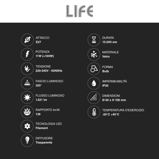 LIFE LAMPADINA LED E27 11W BULB A60 GOCCIA FILAMENT DIMMERABILE IN VETRO TRASPARENTE - MOD. 39.922165CD30 - Consegna in 1-5 giorni lavorativi