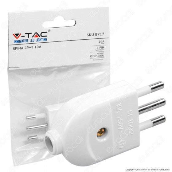 V-TAC SPINA SINGOLA 10A CON USCITA CAVO DRITTA COLORE BIANCO - SKU 8717 - Consegna in 1-5 giorni lavorativi