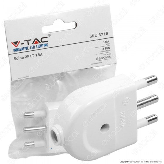 V-TAC SPINA SINGOLA 16A CON USCITA CAVO DRITTA COLORE BIANCO - SKU 8718 - Consegna in 1-5 giorni lavorativi