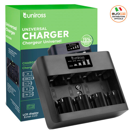 UNIROSS UNIVERSAL CHARGER CARICABATTERIE UNIVERSALE AA / AAA / C / D / 9V - Consegna in 2 giorni
