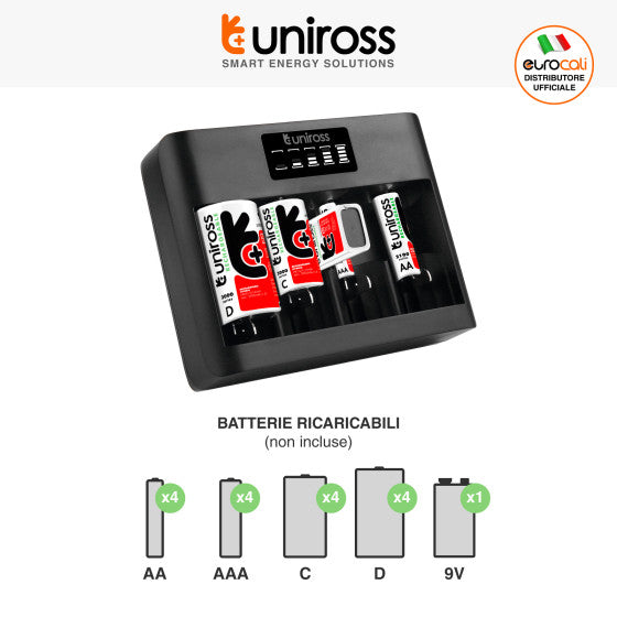 UNIROSS UNIVERSAL CHARGER CARICABATTERIE UNIVERSALE AA / AAA / C / D / 9V - Consegna in 2 giorni