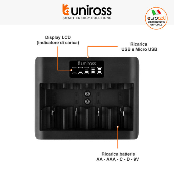 UNIROSS UNIVERSAL CHARGER CARICABATTERIE UNIVERSALE AA / AAA / C / D / 9V - Consegna in 2 giorni