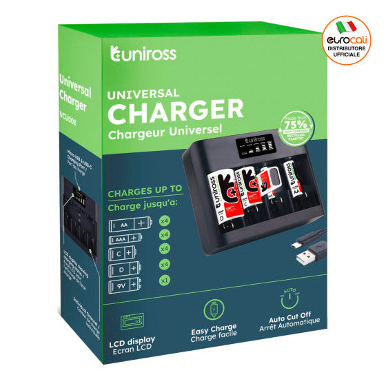 UNIROSS UNIVERSAL CHARGER CARICABATTERIE UNIVERSALE AA / AAA / C / D / 9V - Consegna in 2 giorni