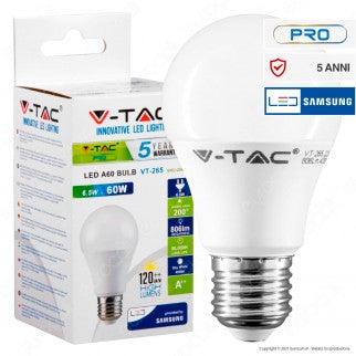V-Tac PRO VT-265 Lampadina LED E27 6,5W Bulb A60 Chip Samsung - SKU 255 / 256 / 257