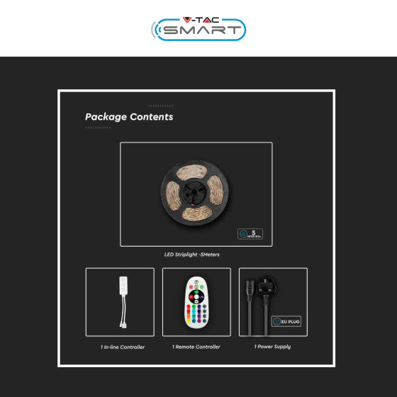 V-TAC SMART VT-5050 KIT STRISCIA LED FLESSIBILE 75W RGB+W 12V IP65 ALIMENTATORE CONTROLLER TELECOMANDO - BOBINA DA 5M - SKU 2910 - Consegna in 1-5 giorni lavorativi