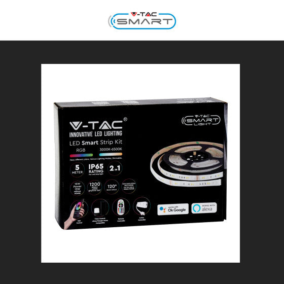 V-TAC SMART VT-5050 KIT STRISCIA LED FLESSIBILE 75W RGB+W 12V IP65 ALIMENTATORE CONTROLLER TELECOMANDO - BOBINA DA 5M - SKU 2910 - Consegna in 1-5 giorni lavorativi