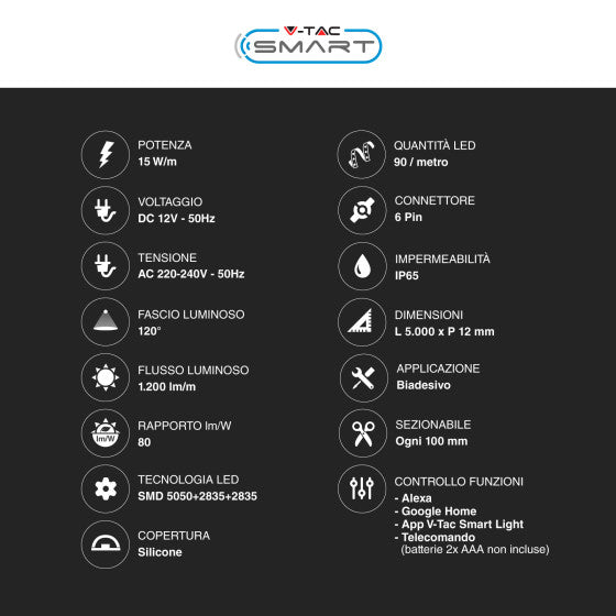 V-TAC SMART VT-5050 KIT STRISCIA LED FLESSIBILE 75W RGB+W 12V IP65 ALIMENTATORE CONTROLLER TELECOMANDO - BOBINA DA 5M - SKU 2910 - Consegna in 1-5 giorni lavorativi