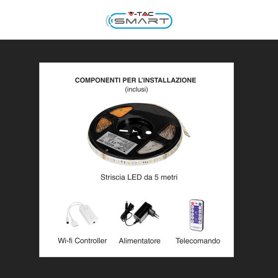 V-TAC SMART VT-5050 KIT STRISCIA LED FLESSIBILE 75W RGB+W 12V IP65 ALIMENTATORE CONTROLLER TELECOMANDO - BOBINA DA 5M - SKU 2910 - Consegna in 1-5 giorni lavorativi