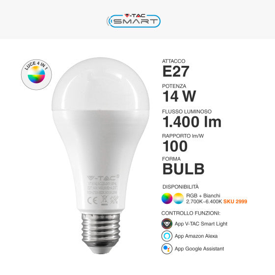 V-TAC SMART VT-5142 LAMPADINA LED WI-FI E27 14W BULB A65 GOCCIA RGB+W CHANGING COLOR CCT - SKU 2999 - Consegna in 1-5 giorni lavorativi