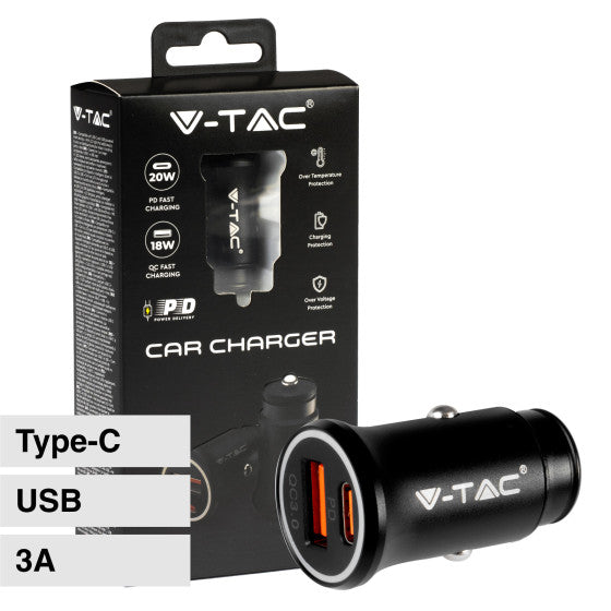 V-TAC VT-5318 CARICABATTERIE SMART AUTO USB 20W 3A PER SMARTPHONE RICARICA RAPIDA PD+QC COLORE NERO - SKU 7744 - Consegna in 1-5 giorni lavorativi