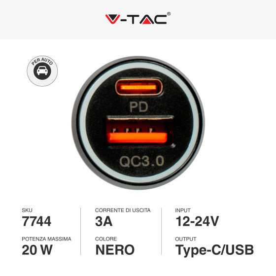 V-TAC VT-5318 CARICABATTERIE SMART AUTO USB 20W 3A PER SMARTPHONE RICARICA RAPIDA PD+QC COLORE NERO - SKU 7744 - Consegna in 1-5 giorni lavorativi