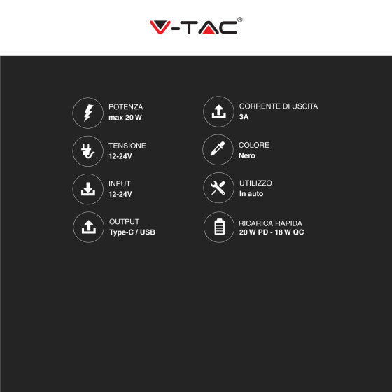 V-TAC VT-5318 CARICABATTERIE SMART AUTO USB 20W 3A PER SMARTPHONE RICARICA RAPIDA PD+QC COLORE NERO - SKU 7744 - Consegna in 1-5 giorni lavorativi