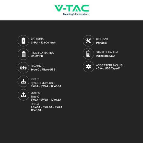 V-TAC VT-10000 POWER BANK PORTATILE 10000MAH CON RICARICA RAPIDA 22,5W PD E INDICATORE LED DI CARICA COLORE NERO - SKU 7831 - Consegna in 1-5 giorni lavorativi