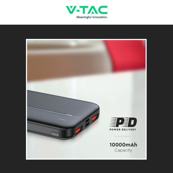 V-TAC VT-10000 POWER BANK PORTATILE 10000MAH CON RICARICA RAPIDA 22,5W PD E INDICATORE LED DI CARICA COLORE NERO - SKU 7831 - Consegna in 1-5 giorni lavorativi
