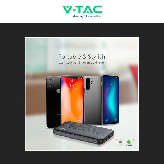 V-TAC VT-10000 POWER BANK PORTATILE 10000MAH CON RICARICA RAPIDA 22,5W PD E INDICATORE LED DI CARICA COLORE NERO - SKU 7831 - Consegna in 1-5 giorni lavorativi