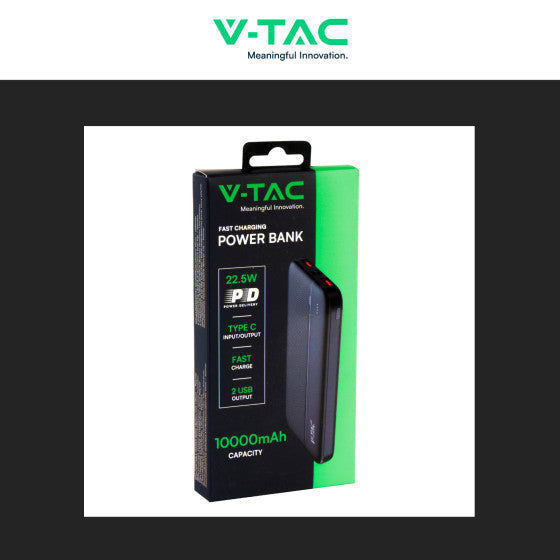 V-TAC VT-10000 POWER BANK PORTATILE 10000MAH CON RICARICA RAPIDA 22,5W PD E INDICATORE LED DI CARICA COLORE NERO - SKU 7831 - Consegna in 1-5 giorni lavorativi