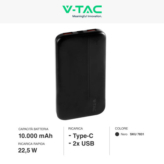 V-TAC VT-10000 POWER BANK PORTATILE 10000MAH CON RICARICA RAPIDA 22,5W PD E INDICATORE LED DI CARICA COLORE NERO - SKU 7831 - Consegna in 1-5 giorni lavorativi