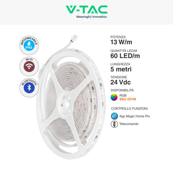 V-TAC VT-5050 STRISCIA LED FLESSIBILE SMART RGB 65W SMD 60 LED/M 24V IP65 CON CONTROLLER E TELECOMANDO - BOBINA 5M - SKU 23146 - Consegna in 1-5 giorni lavorativi