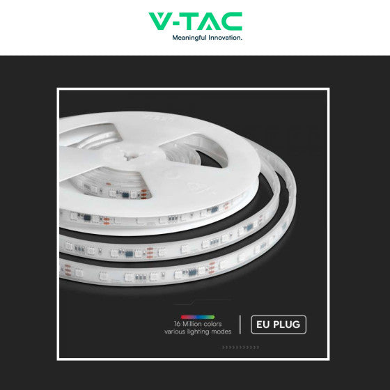 V-TAC VT-5050 STRISCIA LED FLESSIBILE SMART RGB 65W SMD 60 LED/M 24V IP65 CON CONTROLLER E TELECOMANDO - BOBINA 5M - SKU 23146 - Consegna in 1-5 giorni lavorativi