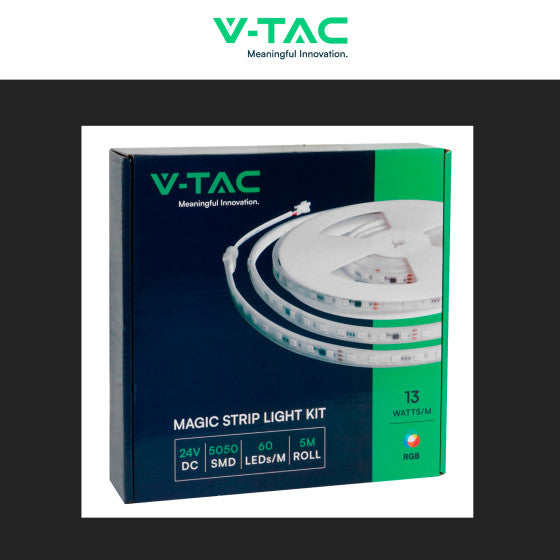 V-TAC VT-5050 STRISCIA LED FLESSIBILE SMART RGB 65W SMD 60 LED/M 24V IP65 CON CONTROLLER E TELECOMANDO - BOBINA 5M - SKU 23146 - Consegna in 1-5 giorni lavorativi