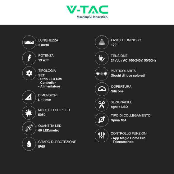 V-TAC VT-5050 STRISCIA LED FLESSIBILE SMART RGB 65W SMD 60 LED/M 24V IP65 CON CONTROLLER E TELECOMANDO - BOBINA 5M - SKU 23146 - Consegna in 1-5 giorni lavorativi