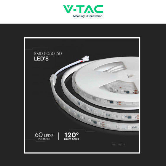 V-TAC VT-5050 STRISCIA LED FLESSIBILE SMART RGB 65W SMD 60 LED/M 24V IP65 CON CONTROLLER E TELECOMANDO - BOBINA 5M - SKU 23146 - Consegna in 1-5 giorni lavorativi
