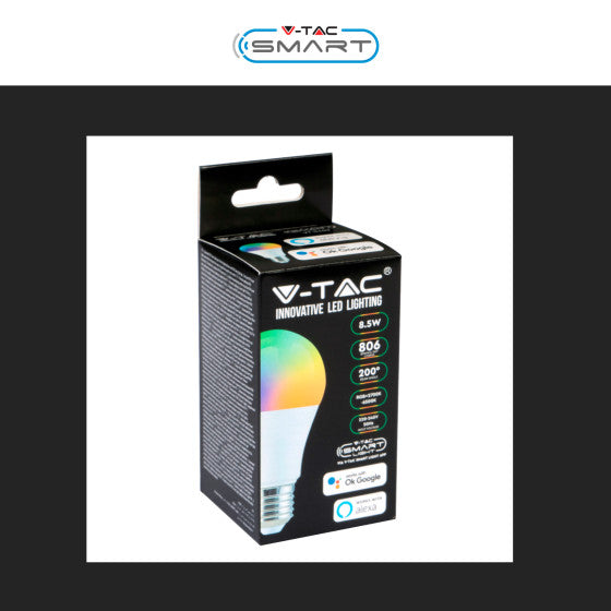 V-TAC SMART VT-5109 LAMPADINA LED WI-FI E27 8,5W BULB A60 GOCCIA SMD RGB+W CHANGING COLOR CCT DIMMERABILE - SKU 2998 - Consegna in 1-5 giorni lavorativi