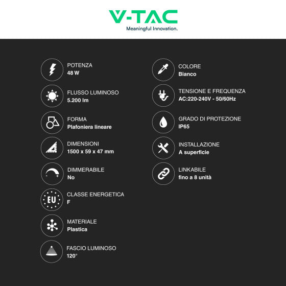 V-TAC VT-80150 TUBO LED 48W SMD LAMPADINA 150CM PLAFONIERA LINKABILE IP65 - SKU 23085 / 23086 - Consegna in 1-5 giorni lavorativi