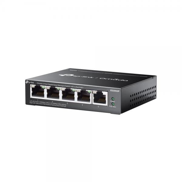 TP-Link - ES205GP - Omada 5-Port Gigabit Easy Managed Switch with 4-Port PoE+, 4 Gigabit PoE+ Ports, 1 Gigabit Non-PoE Ports, 802.3at/af, 65 W PoE Power, Desktop Steel Case and Fanless, Integration [ES205GP]