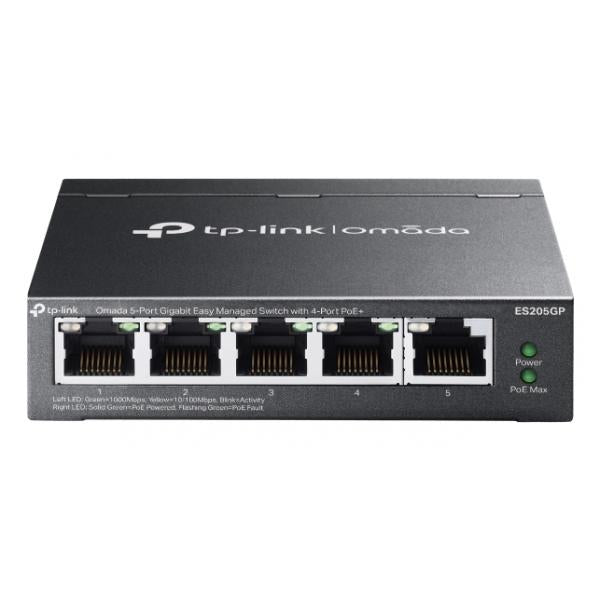 TP-Link - ES205GP - Omada 5-Port Gigabit Easy Managed Switch with 4-Port PoE+, 4 Gigabit PoE+ Ports, 1 Gigabit Non-PoE Ports, 802.3at/af, 65 W PoE Power, Desktop Steel Case and Fanless, Integration [ES205GP]