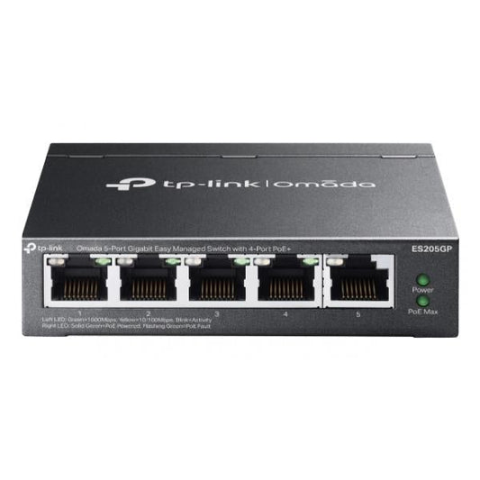 TP-Link - ES205GP - Omada 5-Port Gigabit Easy Managed Switch with 4-Port PoE+, 4 Gigabit PoE+ Ports, 1 Gigabit Non-PoE Ports, 802.3at/af, 65 W PoE Power, Desktop Steel Case and Fanless, Integration [ES205GP]
