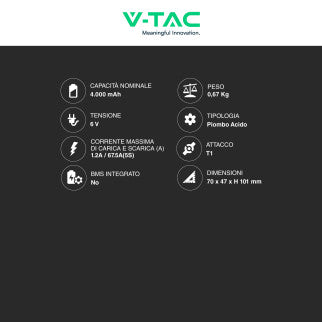 V-Tac VT-4-6 Batteria Piombo Acido 6V 4Ah con Attacchi T1 - SKU 23448