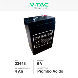 V-Tac VT-4-6 Batteria Piombo Acido 6V 4Ah con Attacchi T1 - SKU 23448