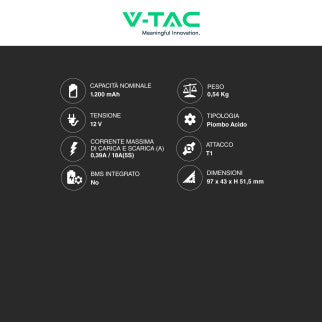 V-Tac VT-1.2-12 Batteria Piombo Acido 12V 1,2Ah con Attacchi T1 - SKU 23449